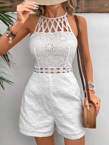 EMERY ROSE Hollow Out Embroidered Waist Cinched Sleeveless Jumpsuit - White - View 3