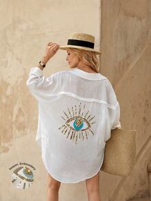 EMERY ROSE Women's Casual Eye Pattern Long Sleeve Mid-Length Dress, Versatile - White - View 1
