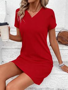 EMERY ROSE Women's Solid Color V-Neck Petal Short Sleeve Straight Casual Dress - Red - View 4