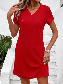 EMERY ROSE Women's Solid Color V-Neck Petal Short Sleeve Straight Casual Dress - Red - View 6