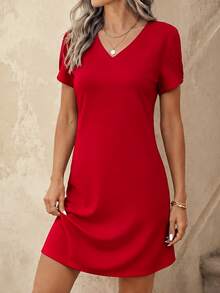 EMERY ROSE Women's Solid Color V-Neck Petal Short Sleeve Straight Casual Dress - Red - View 1