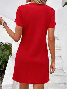 EMERY ROSE Women's Solid Color V-Neck Petal Short Sleeve Straight Casual Dress - Red - View 2