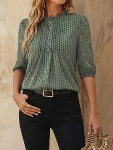 EMERY ROSE Middle-Aged Women's Spring/Summer Chiffon Mid-Sleeve Blouse, Casual Shirt For Middle-Aged & Elderly - Green - View 2