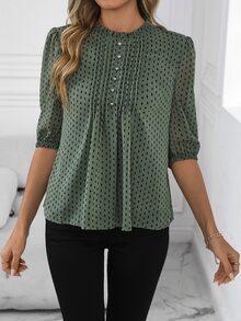 EMERY ROSE Middle-Aged Women's Spring/Summer Chiffon Mid-Sleeve Blouse, Casual Shirt For Middle-Aged & Elderly - Green - View 8