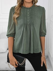 EMERY ROSE Middle-Aged Women's Spring/Summer Chiffon Mid-Sleeve Blouse, Casual Shirt For Middle-Aged & Elderly - Green - View 5