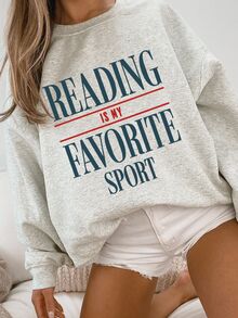 EMERY ROSE Back-To-School Red Autumn Graphic Vintage Book Sweatshirt,Casual Crew Neck School Librarian Booklover Gift,Retro Reading Bookish Reader Gift,Bookworm - Light Grey - View 3