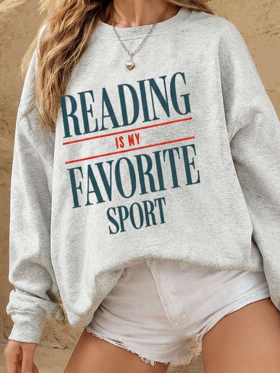 EMERY ROSE Back-To-School Red Autumn Graphic Vintage Book Sweatshirt,Casual Crew Neck School Librarian Booklover Gift,Retro Reading Bookish Reader Gift,Bookworm - Light Grey - View 1