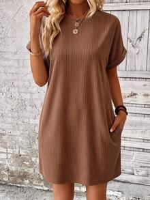 EMERY ROSE Striped Batwing Sleeve Casual Vacation Dress - Brown - View 6