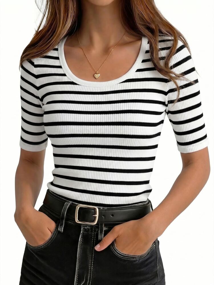 SHEIN Women's Striped Contrast Color Round Neck T-Shirt, Fashionable & Versatile - White - View 3