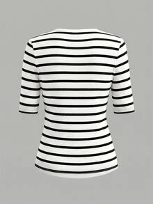SHEIN Women's Striped Contrast Color Round Neck T-Shirt, Fashionable & Versatile - White - View 2