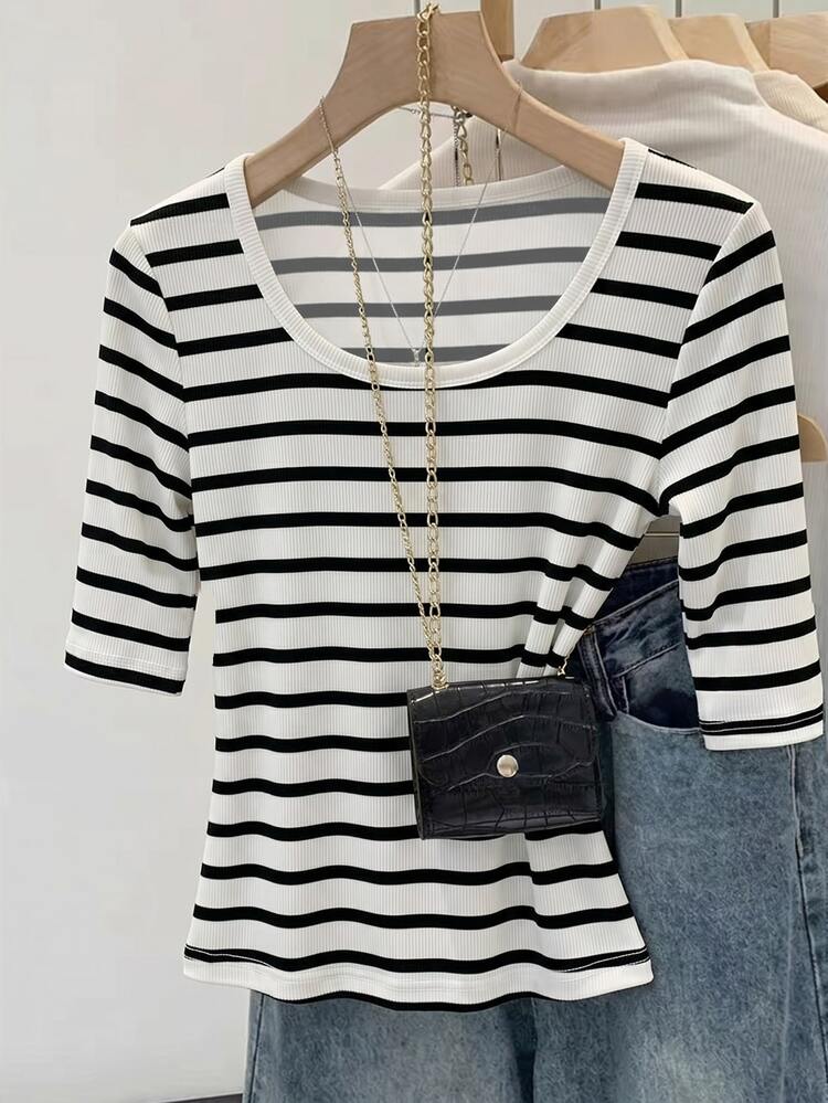 SHEIN Women's Striped Contrast Color Round Neck T-Shirt, Fashionable & Versatile - White - View 7