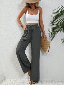 EMERY ROSE Women's Solid Color Waist Belt Straight-Leg Loose Casual Trousers With Pockets Fall Cloth For Women - Dark Grey - View 5