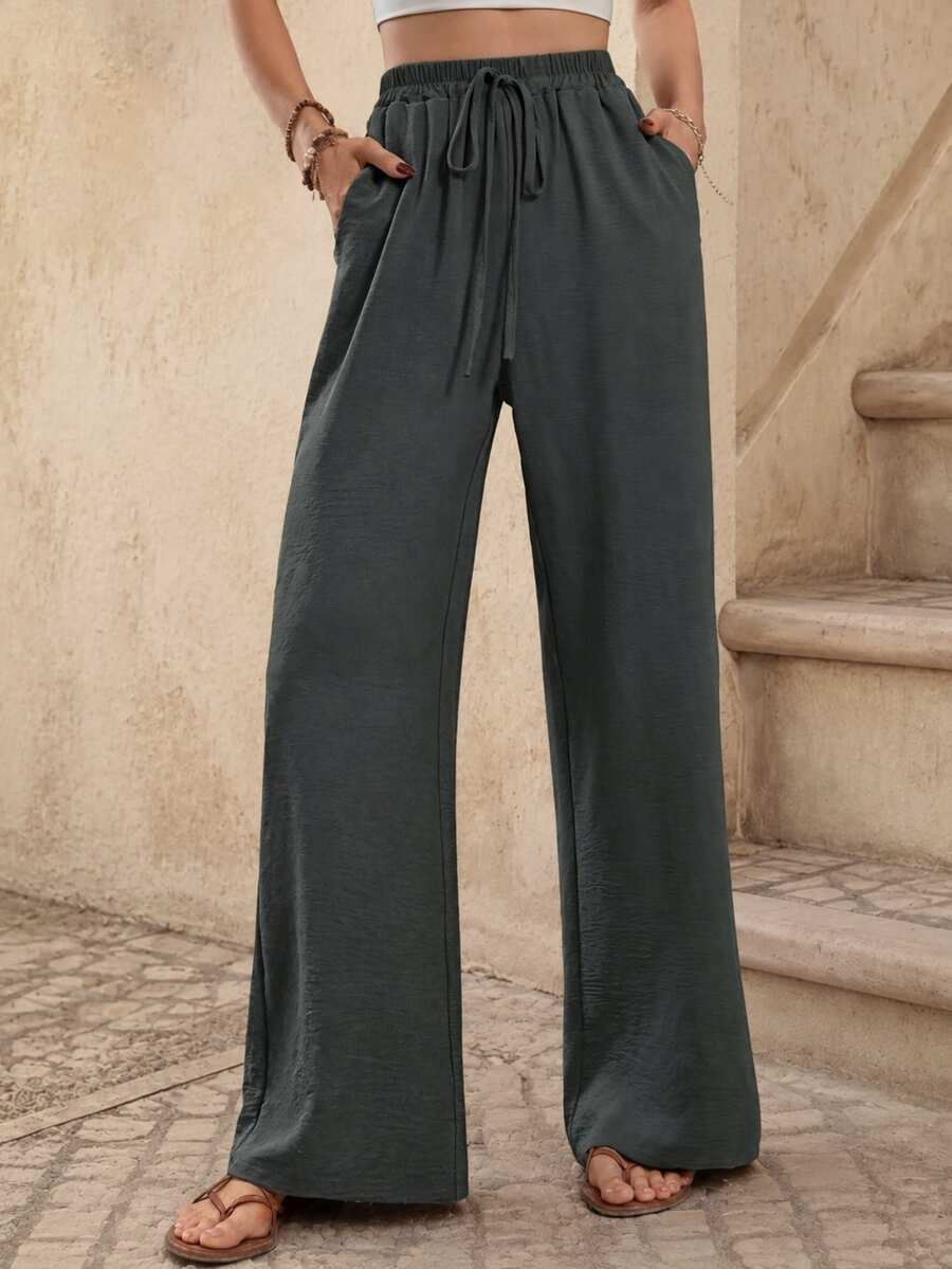 EMERY ROSE Women's Solid Color Waist Belt Straight-Leg Loose Casual Trousers With Pockets Fall Cloth For Women - Dark Grey - View 1