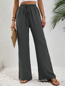 EMERY ROSE Women's Solid Color Waist Belt Straight-Leg Loose Casual Trousers With Pockets Fall Cloth For Women - Dark Grey - View 4