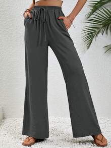 EMERY ROSE Women's Solid Color Waist Belt Straight-Leg Loose Casual Trousers With Pockets Fall Cloth For Women - Dark Grey - View 6