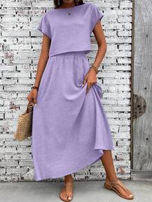 EMERY ROSE Set de 2 piezas de parte superior de manga corta y falda casual de unicolor para mujer - Morado - Ver 4
