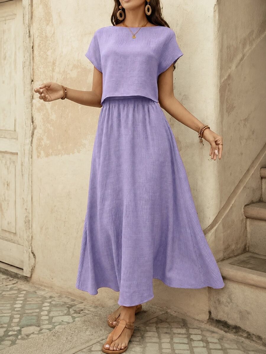 EMERY ROSE Set de 2 piezas de parte superior de manga corta y falda casual de unicolor para mujer - Morado - Ver 1