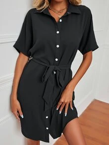EMERY ROSE Dolman Sleeve Belted Shirt Dress - Black - View 7
