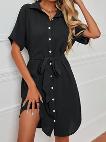 EMERY ROSE Dolman Sleeve Belted Shirt Dress - Black - View 5