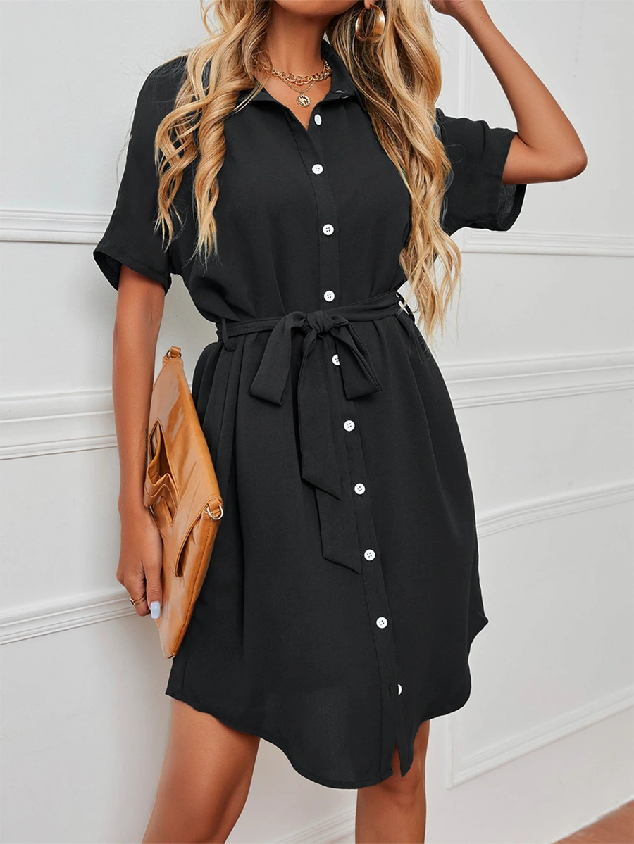 EMERY ROSE Dolman Sleeve Belted Shirt Dress - Black - View 1