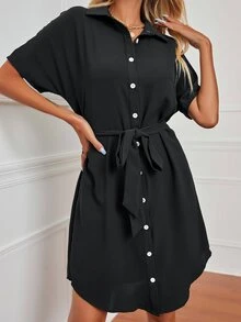 EMERY ROSE Dolman Sleeve Belted Shirt Dress - Black - View 6
