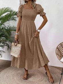 EMERY ROSE Ladies" Summer Holiday Solid Color Textured Bubble Sleeve Long Dress Maxi Women Outfit - Brown - View 4