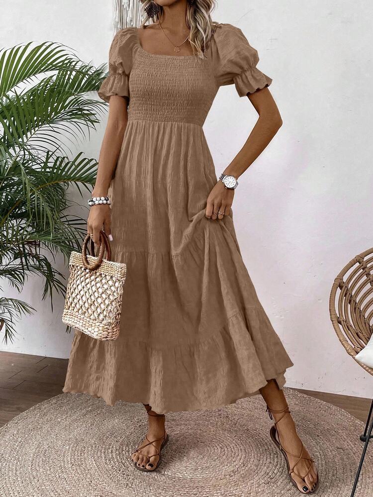 EMERY ROSE Vestido largo de mujer de unicolor con mangas de burbujas texturizadas, atuendo de mujer para vacaciones de verano - Marrón - Añade 4