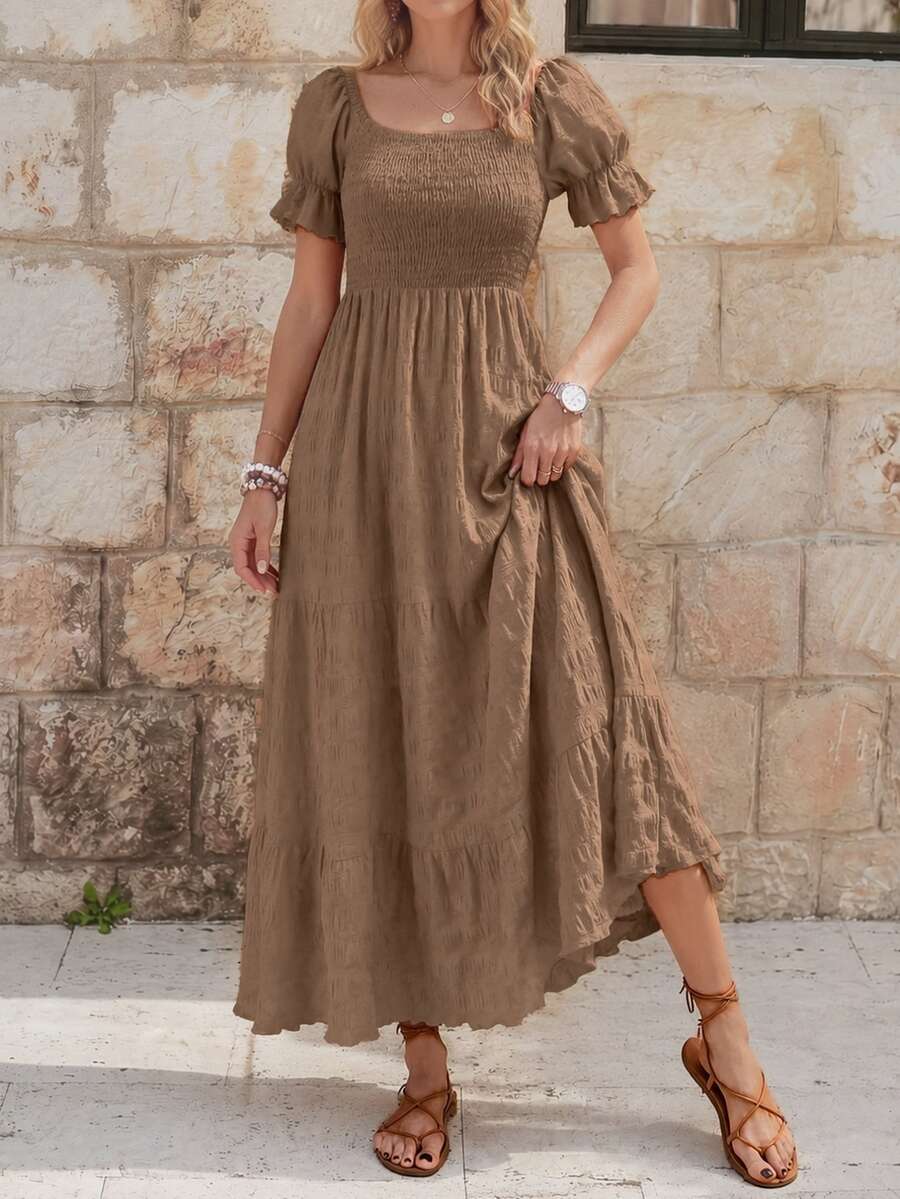EMERY ROSE Ladies" Summer Holiday Solid Color Textured Bubble Sleeve Long Dress Maxi Women Outfit - Brown - View 1