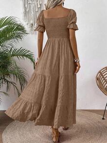 EMERY ROSE Ladies" Summer Holiday Solid Color Textured Bubble Sleeve Long Dress Maxi Women Outfit - Brown - View 2