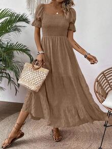 EMERY ROSE Ladies" Summer Holiday Solid Color Textured Bubble Sleeve Long Dress Maxi Women Outfit - Brown - View 5