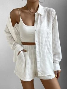 SHEIN 素色前紐扣襯衫和短褲 - 白色 - 查看 3