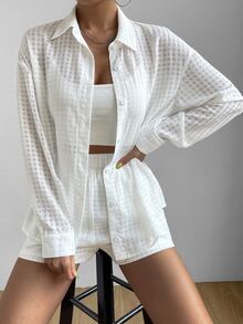 SHEIN 素色前紐扣襯衫和短褲 - 白色 - 查看 7