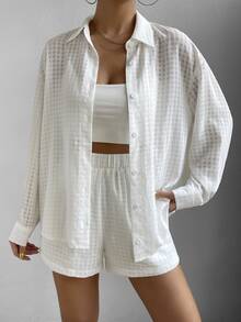 SHEIN 素色前紐扣襯衫和短褲 - 白色 - 查看 4