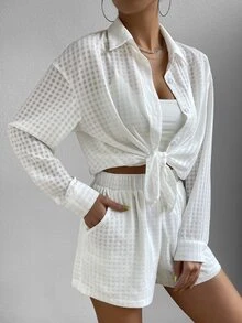 SHEIN 素色前紐扣襯衫和短褲 - 白色 - 查看 5