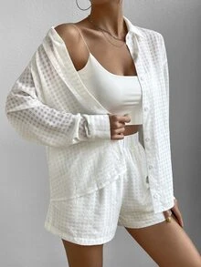 SHEIN 素色前紐扣襯衫和短褲 - 白色 - 查看 6
