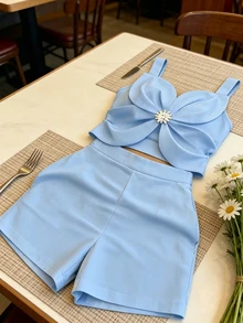 EMERY ROSE Casual Fashion 3D Floral Craft Camisole Top And Shorts Set - Blue - View 5