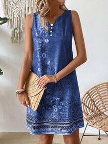 EMERY ROSE Women's Summer Holiday Floral Print Sleeveless V-Neck Loose Dress With Slit - Navy Blue - View 6