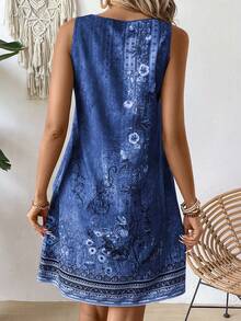 EMERY ROSE Women's Summer Holiday Floral Print Sleeveless V-Neck Loose Dress With Slit - Navy Blue - View 2