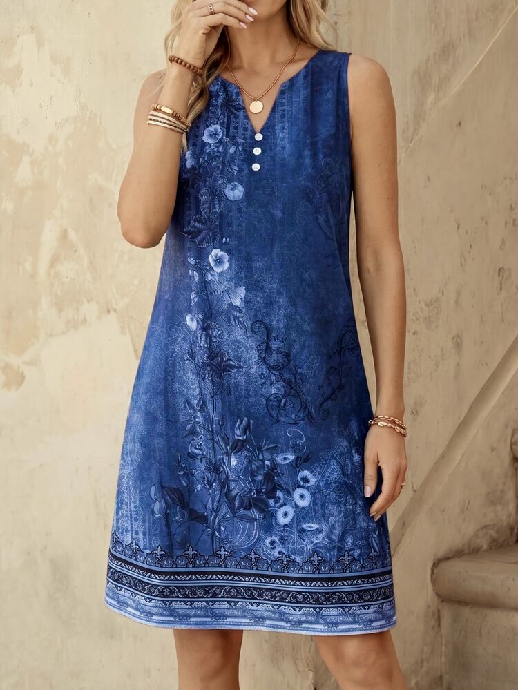 EMERY ROSE Vestido de verano para mujer con estampados florales, cuello en V sin mangas y holgado con abertura - Azul Marino - Añade 1