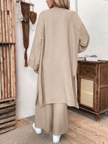 SHEIN Women Linen Loose Casual 2 Pieces Set: Long Jacket And Wide Leg Pants, Autumn Fall Cloth For Women - Khaki - View 4