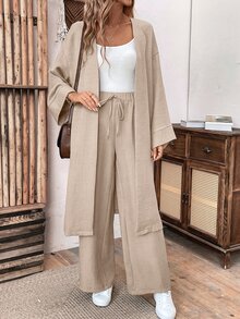 SHEIN Women Linen Loose Casual 2 Pieces Set: Long Jacket And Wide Leg Pants, Autumn Fall Cloth For Women - Khaki - View 6