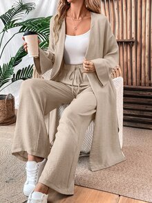 SHEIN Women Linen Loose Casual 2 Pieces Set: Long Jacket And Wide Leg Pants, Autumn Fall Cloth For Women - Khaki - View 5