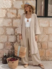 SHEIN Women Linen Loose Casual 2 Pieces Set: Long Jacket And Wide Leg Pants, Autumn Fall Cloth For Women - Khaki - View 3