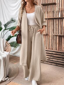 SHEIN Women Linen Loose Casual 2 Pieces Set: Long Jacket And Wide Leg Pants, Autumn Fall Cloth For Women - Khaki - View 8