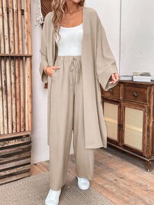 SHEIN Women Linen Loose Casual 2 Pieces Set: Long Jacket And Wide Leg Pants, Autumn Fall Cloth For Women - Khaki - View 7