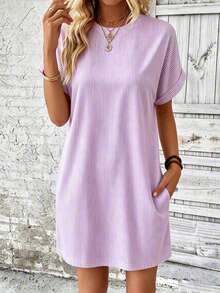 EMERY ROSE Women's Round Neck Lavender Casual Daily Brunch Vacation Short Dress Vacation Summer - Mauve Purple - View 5