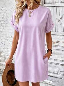 EMERY ROSE Women's Round Neck Lavender Casual Daily Brunch Vacation Short Dress Vacation Summer - Mauve Purple - View 4