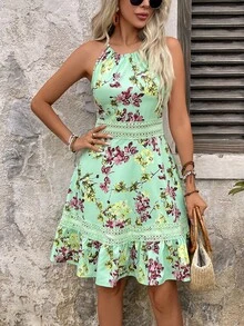 EMERY ROSE Women's Floral Print Contrast Lace Vacation Dress For Summer - Mint Green - View 2