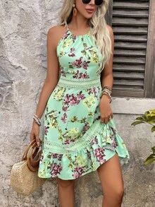 EMERY ROSE Women's Floral Print Contrast Lace Vacation Dress For Summer - Mint Green - View 4