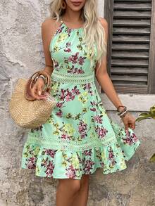 EMERY ROSE Women's Floral Print Contrast Lace Vacation Dress For Summer - Mint Green - View 6